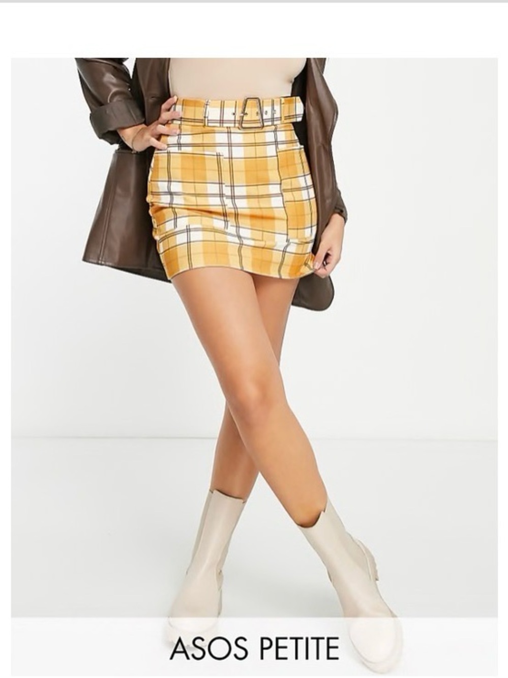 ASOS Petite Mustard Plaid Belted Mini Skirt